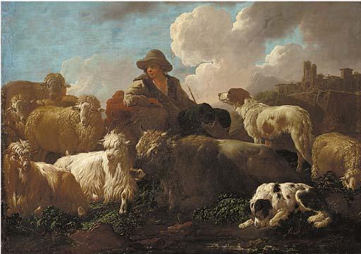 Philipp Peter Roos - A shepherd resting with sheep, goats and dogs before a hillside town