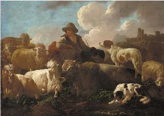 Philipp Peter Roos - A shepherd resting with sheep, goats and dogs before a hillside town