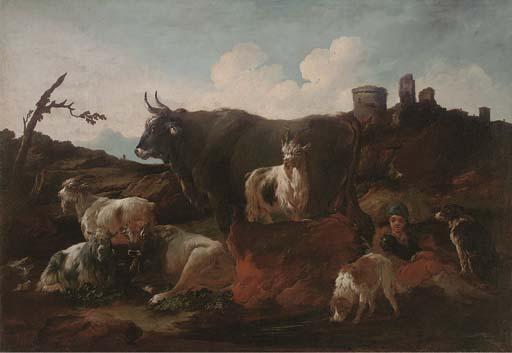 Philipp Peter Roos - A shepherd with cattle and dogs by ruins in an Italianate landscape