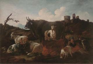 Philipp Peter Roos - A shepherd with cattle and dogs by ruins in an Italianate landscape