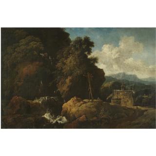 Philipp Peter Roos - An Extensive Waterfall Landscape With A Saint Praying Before A Cross With All The Signs Of The Passion