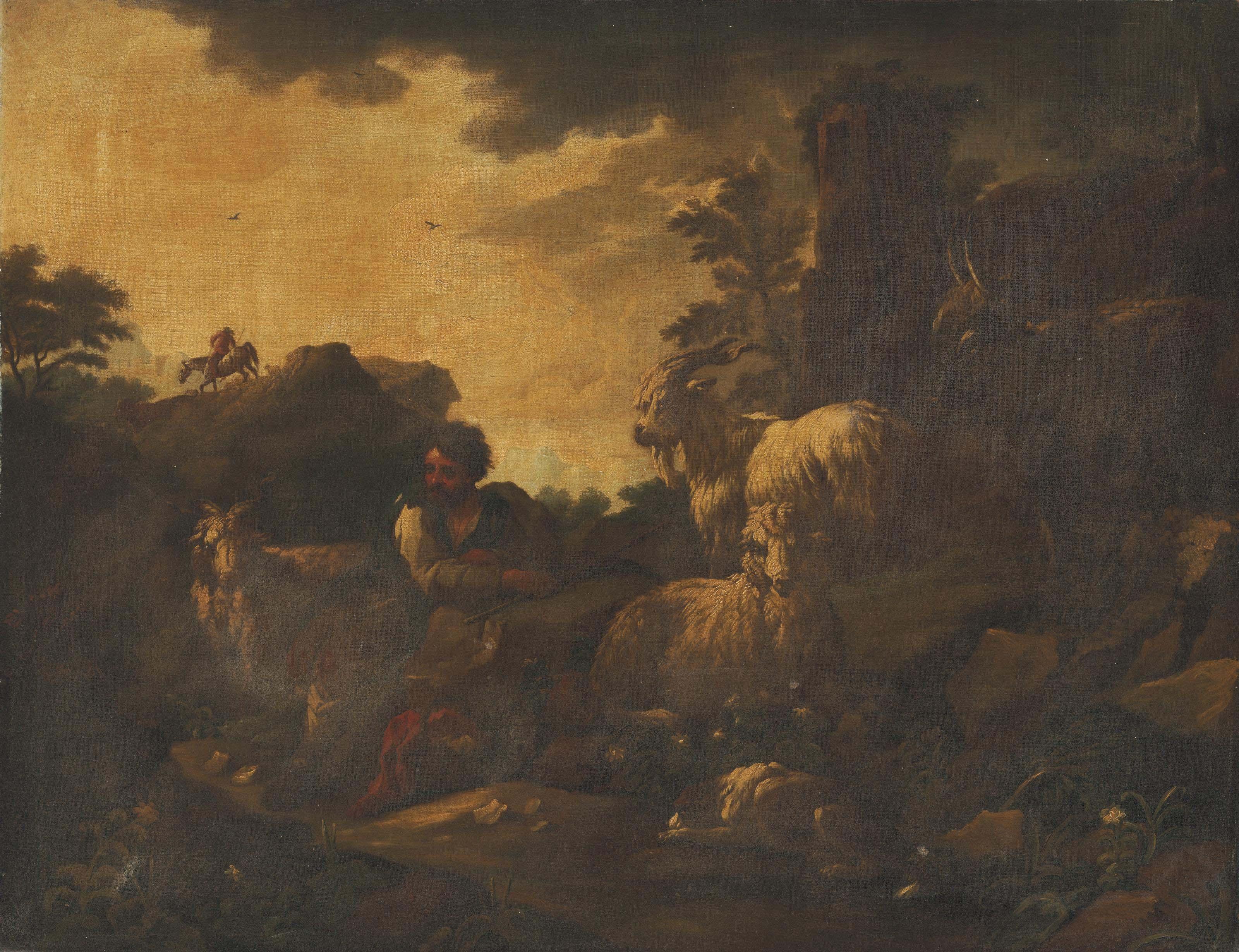 Philipp Peter Roos - An Italianate wooded landscape with a goatherd and his flock in the foreground