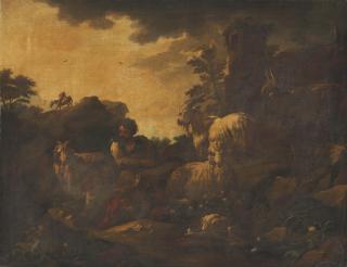 Philipp Peter Roos - An Italianate wooded landscape with a goatherd and his flock in the foreground