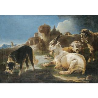 Philipp Peter Roos - Two Sheep And A Goat, With A Dog Drinking From A Pool Before A Ruin