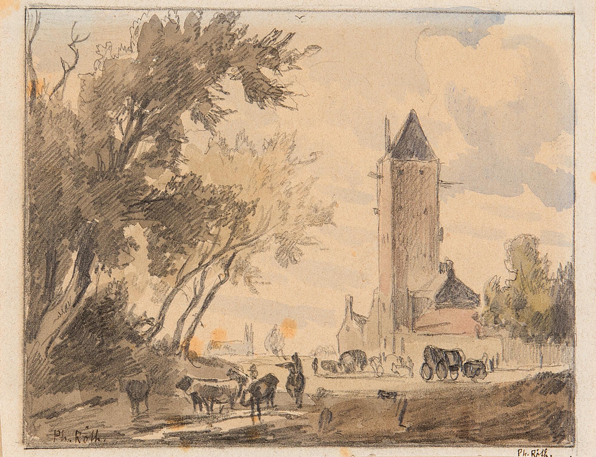 Philipp Röth - 2 Bll.: Wehr „Bei Erkrath“- Landschaft mit Kirche und Bauern.