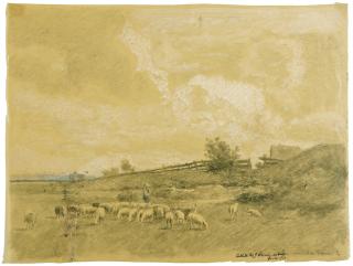 Philipp Röth - Ein Schäfer mit Herde in Weidelandschaft.