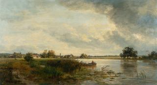 Philipp Röth - Flusslandschaft mit Anglerboot, links hinten eine Schafherde