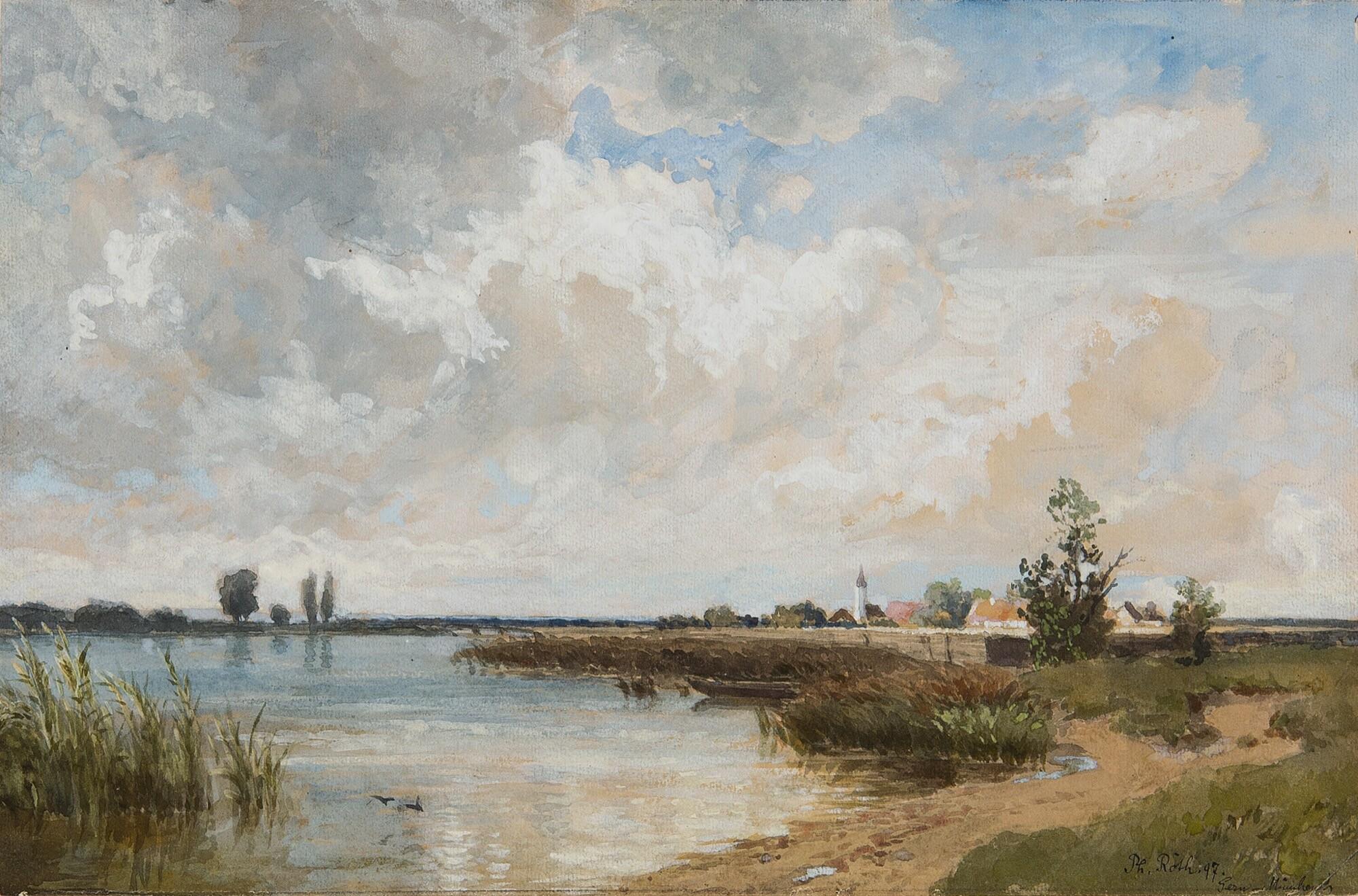 Philipp Röth - Landschaft mit Weiher unter stürmischem Himmel.