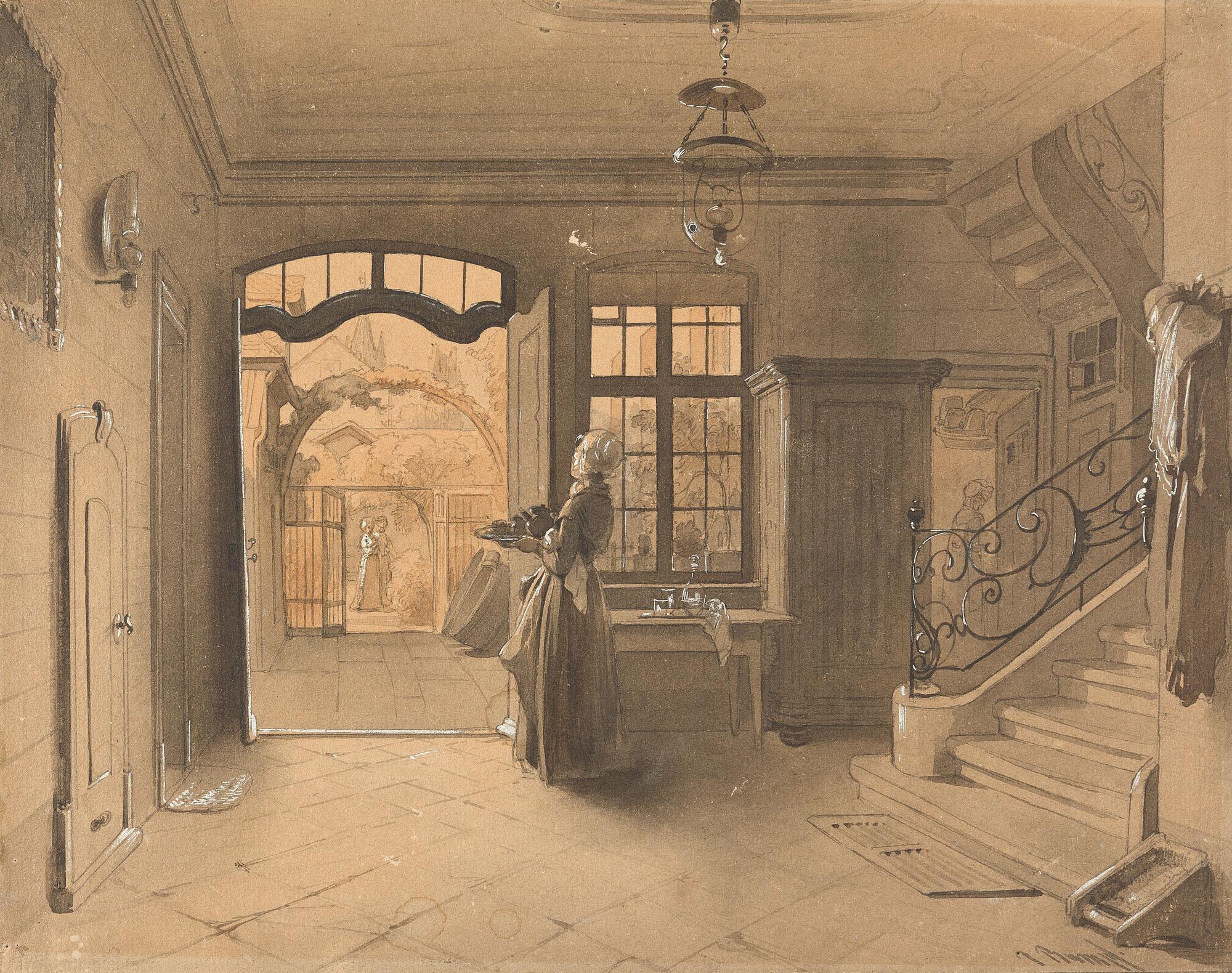 Philipp Rumpf - Dienstmädchen mit Teetablett, in den Garten blickend.