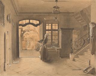 Philipp Rumpf - Dienstmädchen mit Teetablett, in den Garten blickend.