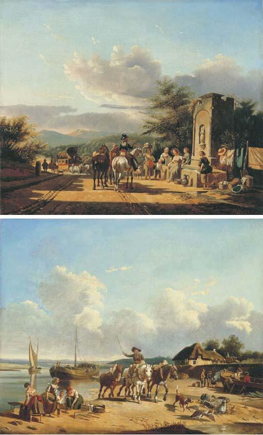 Philippe Budelot - Washerwomen in a landscape; and Travellers on a path by an estuary