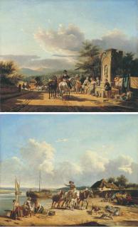 Philippe Budelot - Washerwomen in a landscape; and Travellers on a path by an estuary