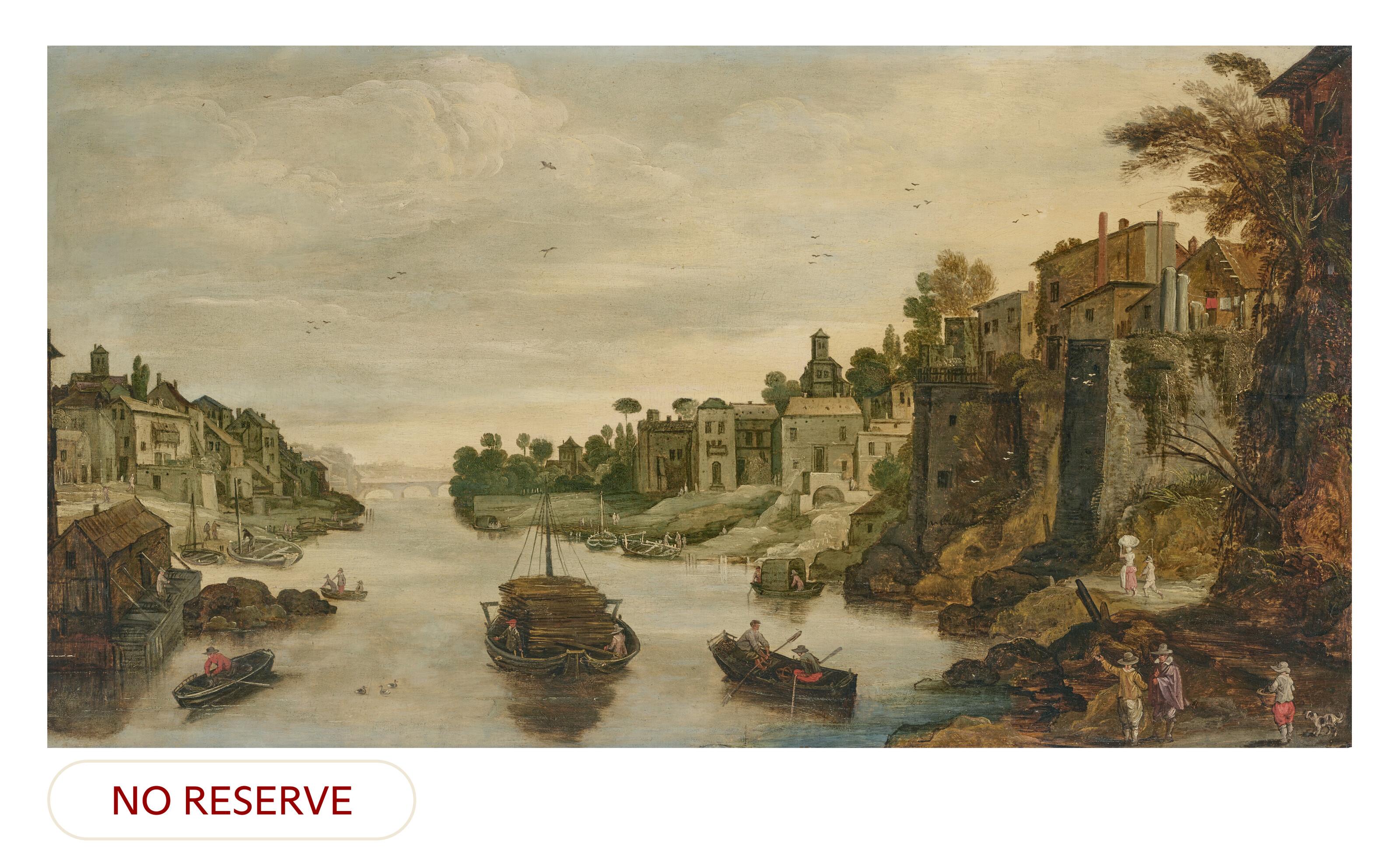 Philippe De Momper - A town on a river, said to be Treviso, with barges, rowing boats and figures on a path