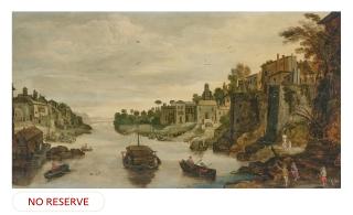 Philippe De Momper - A town on a river, said to be Treviso, with barges, rowing boats and figures on a path