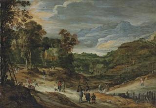 Philippe de Momper - A wooded landscape with cottages, figures picking apples, mountains beyond