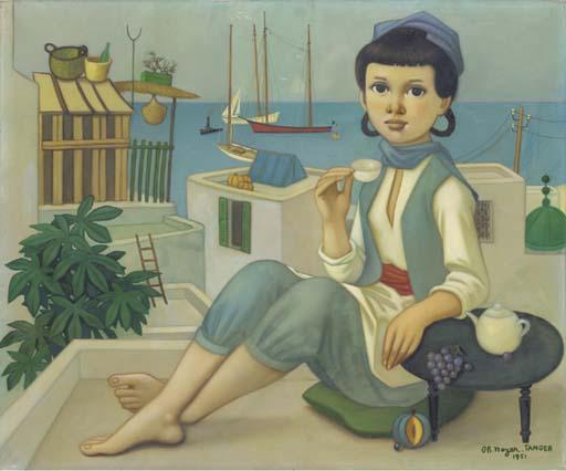 Philippe Henri Noyer - A girl taking tea on a rooftop