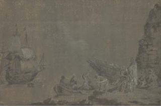 Philippe Jacob De Loutherbourg - Des marins débarquant des ballots sur une berge, des voiliers dans le fond