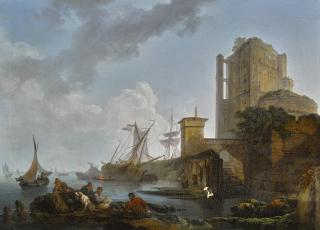 Philippe Jacques De Loutherbourg, R.A. - A Calm: A Harbour Scene, With Fishermen Resting Near Ruins