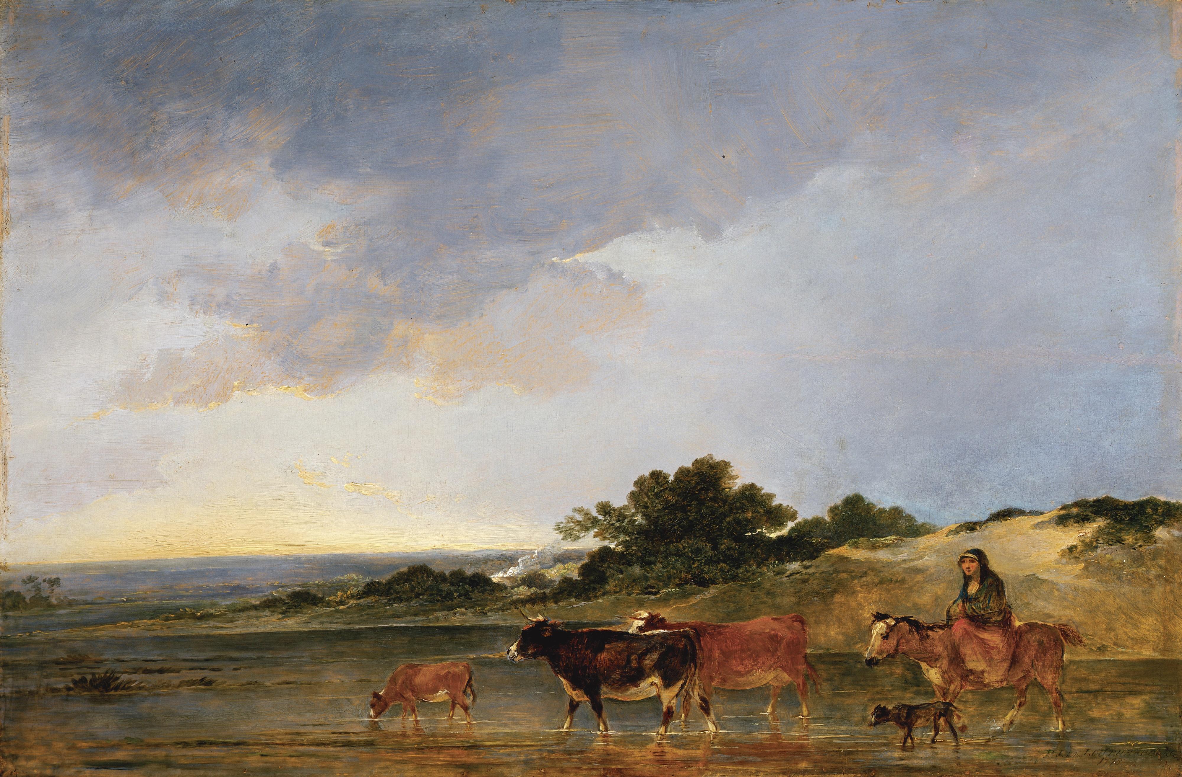 Philippe Jacques De Loutherbourg, R.A. - A Mounted Peasant And Her Cattle Fording A Stream