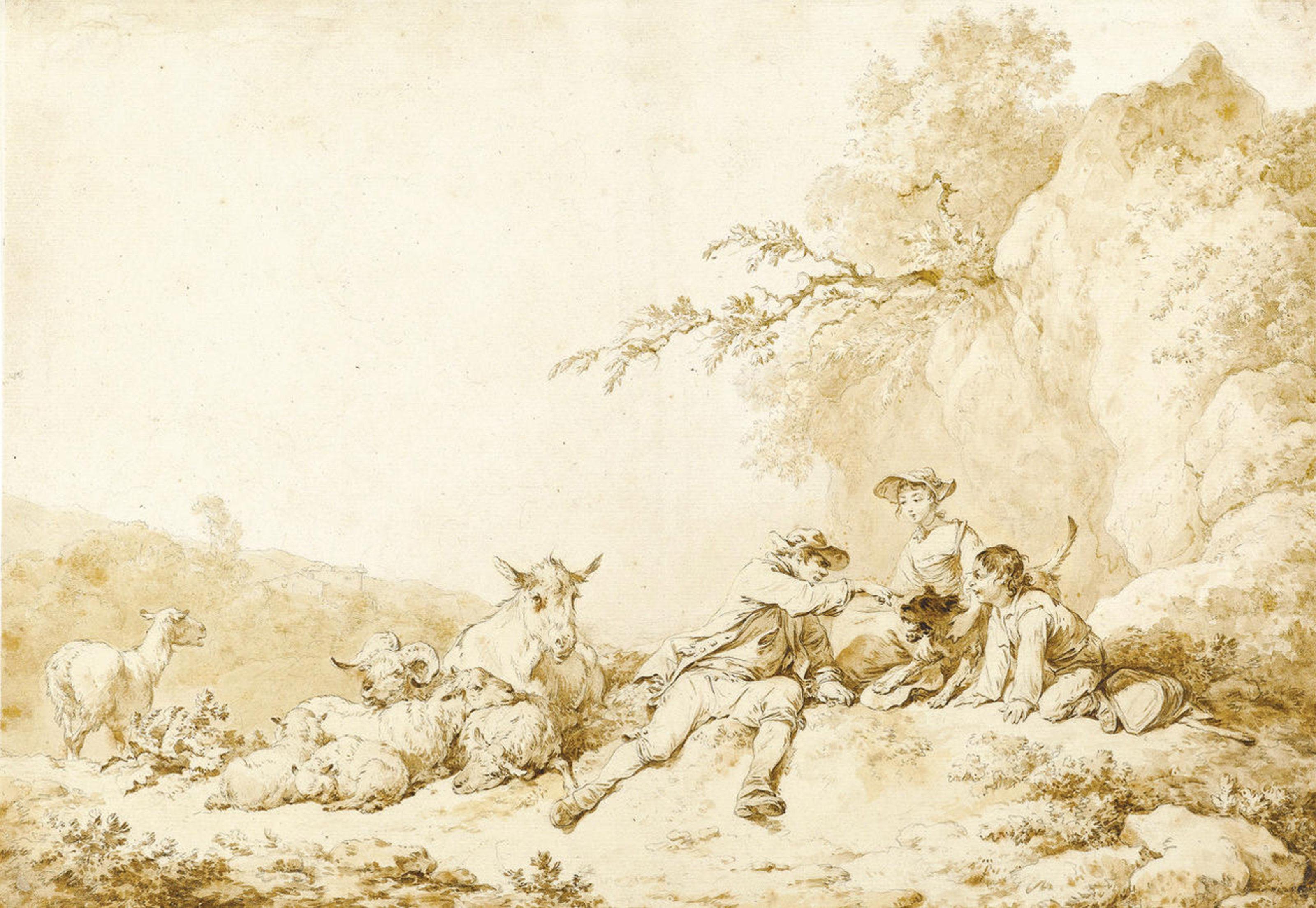 Philippe-Jacques De Loutherbourg, R.A. - A shepherd\'s family resting by the roadside