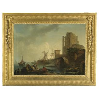Philippe Jacques de Loutherbourg - A Calm: A Harbour Scene, With Fishermen Resting Near Ruins