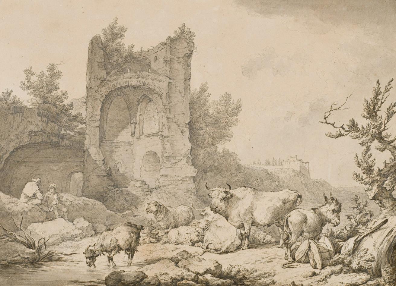 Philippe-Jacques De Loutherbourg - Troupeau D\'Animaux Dans Un Paysage En Ruines À Mondragon En Dauphiné