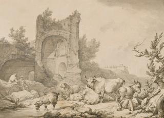 Philippe-Jacques De Loutherbourg - Troupeau D\'Animaux Dans Un Paysage En Ruines À Mondragon En Dauphiné
