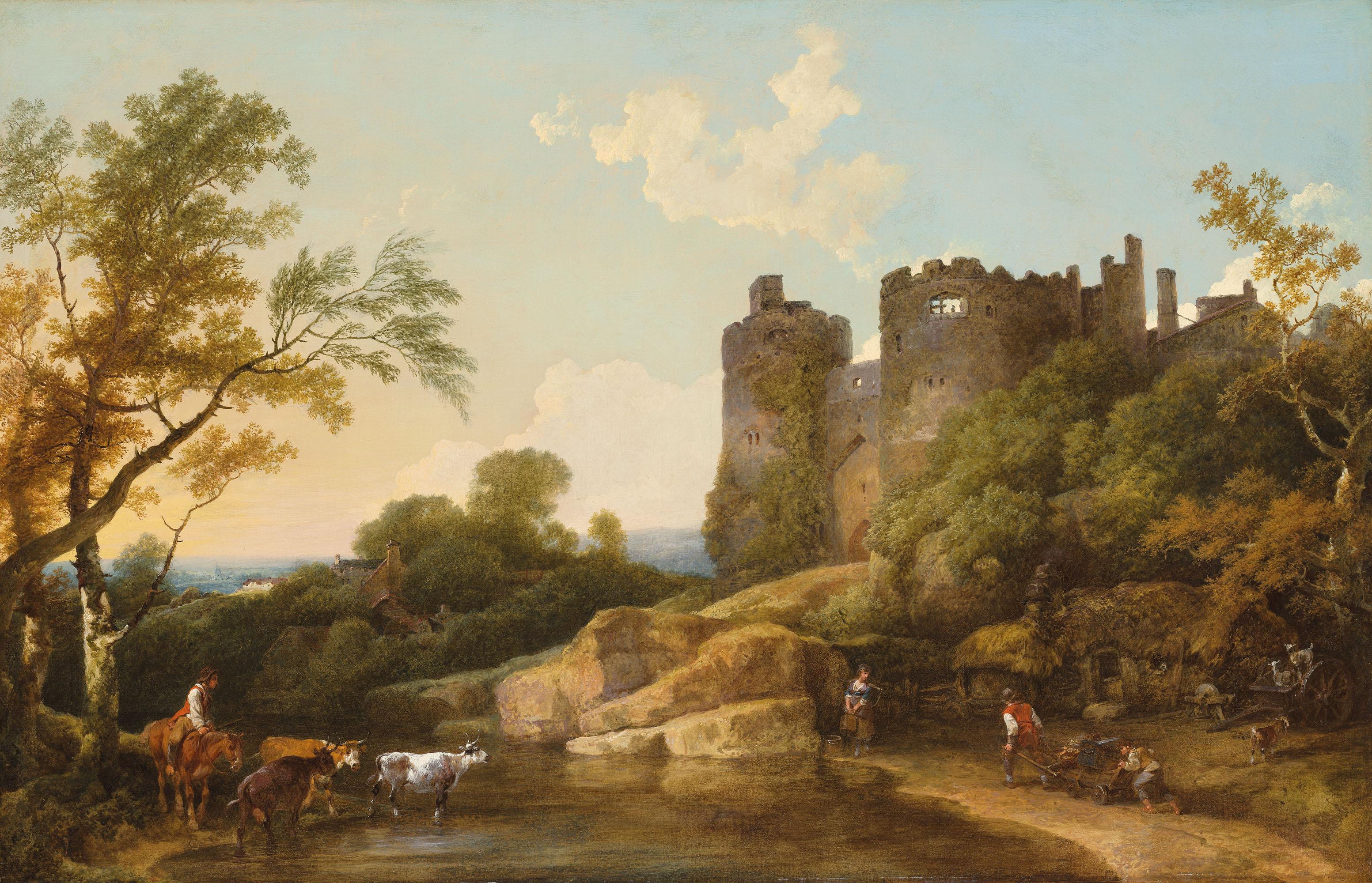 Philippe Jacques De Loutherbourg - View of Harlech Castle, with peasants beside a lake
