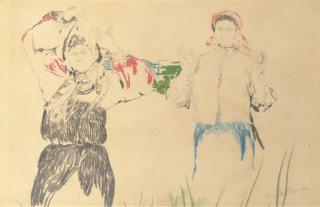 Philippe Maliavine - Deux femmes, l\'une applaudissant et l\'autre remettant sa coiffe