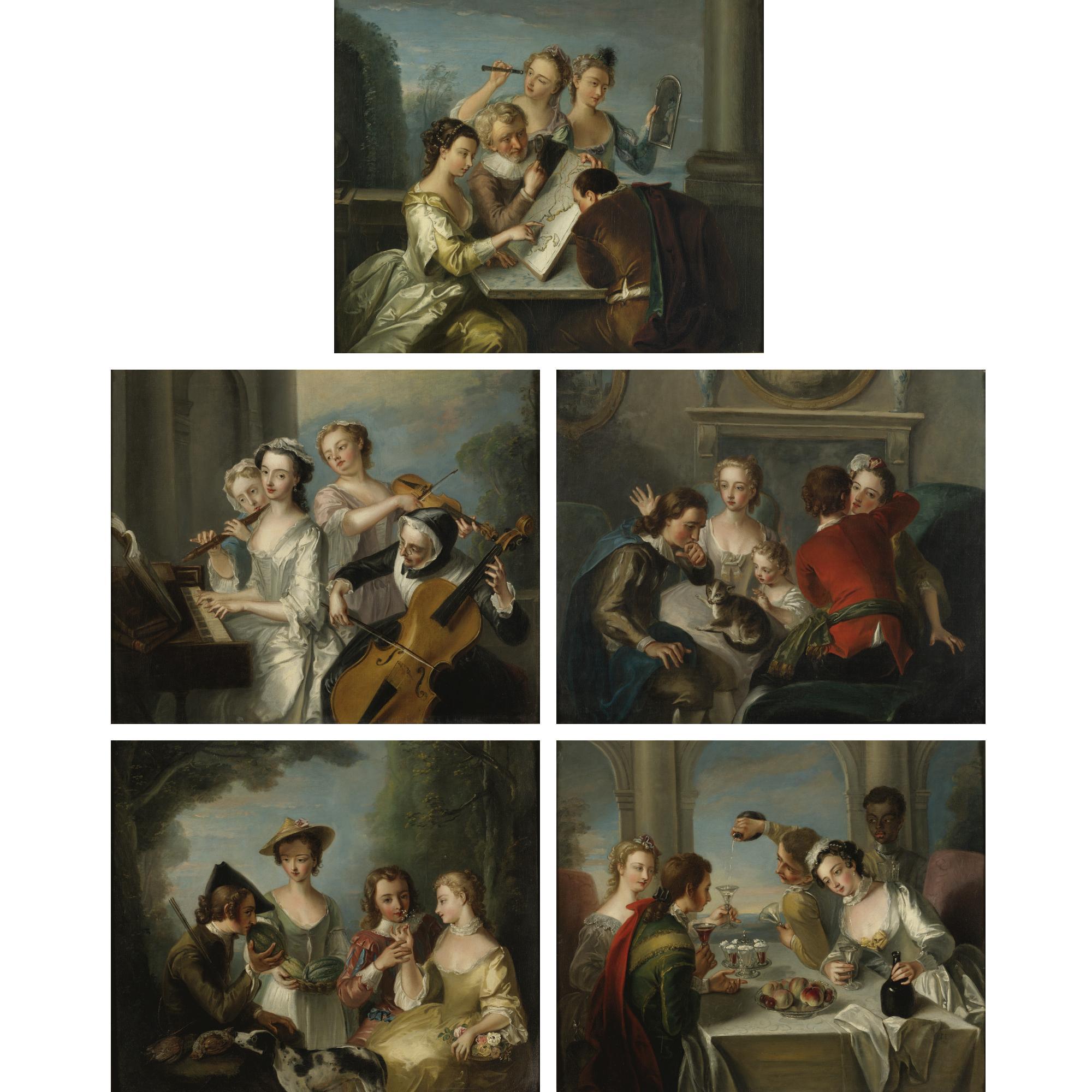 Philippe Mercier - Allegories Of The Five Senses: Hearing, Smell, Sight, Taste And Touch