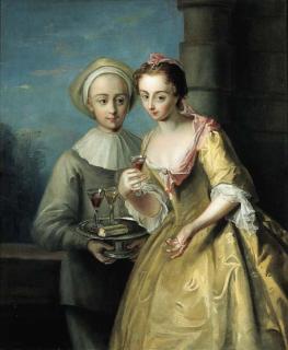 Philippe Mercier - An Allegory of Taste: a young woman taking a glass of wine from a tazza held by a young man dressed as Pierrot