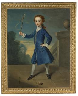 Philippe Mercier - Portrait of a boy, full-length, in a blue coat, with a spinning top on a terrace