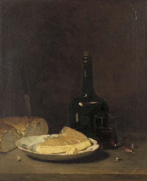 Philippe Rousseau - A wine bottle and tumbler, a slice of brie on a plate, a loaf of bread and two radishes, on a ledge