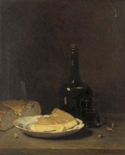 Philippe Rousseau - A wine bottle and tumbler, a slice of brie on a plate, a loaf of bread and two radishes, on a ledge
