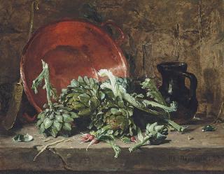Philippe Rousseau - Artichokes and radishes with a copper pot on a stone ledge