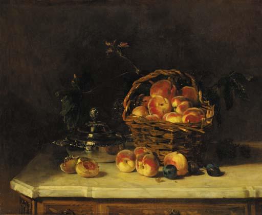 Philippe Rousseau - Peaches in a wicker basket on a marble topped commode