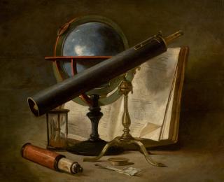 Philippe Rousseau - Still Life With Telescopes And An Astrolabe, An Hour Glass, A Book And A Quill