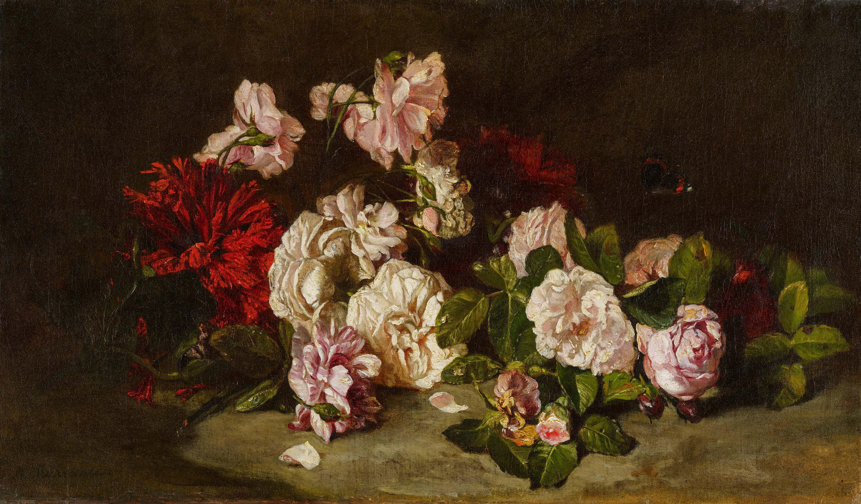 Philippe Rousseau - Stillleben von rosa Rosen und rotem gefüllten Mohn.