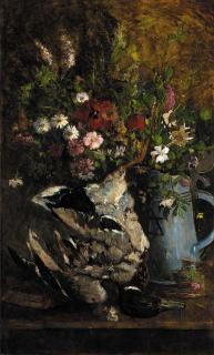 Philippe Rousseau - Summer flowers in a jug alongside a mallard on a table