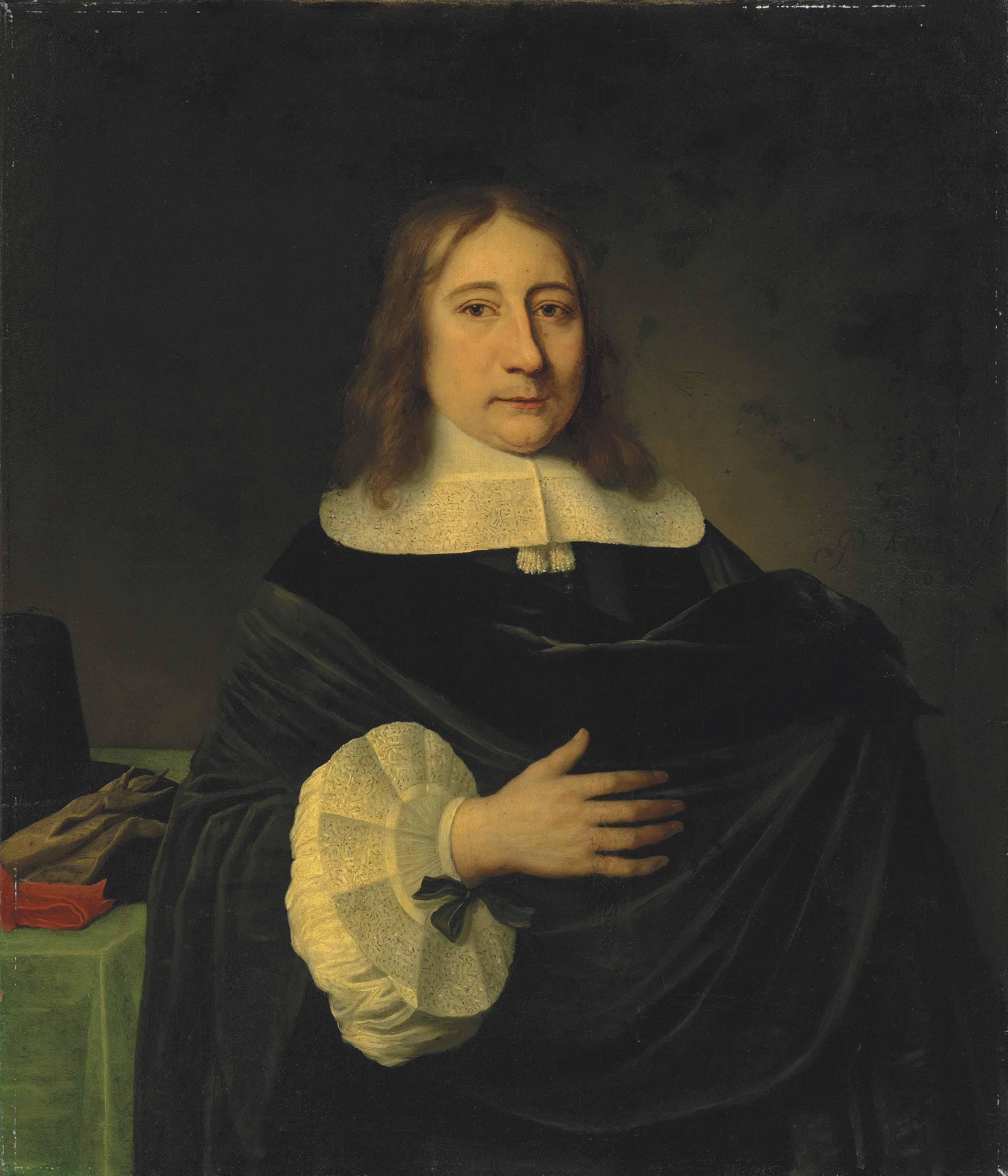 Philips De Koninck - Portrait Of A Gentleman, Half-Length, In A Black Mantle With A Lace Collar And Cuffs, His Hat And Gloves On The Table Behind Him