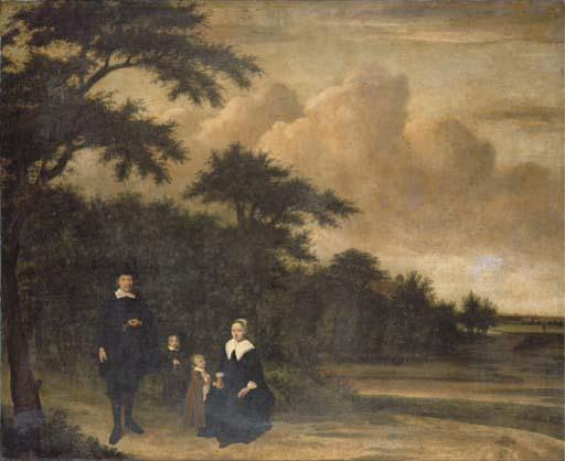 Philips Koninck - A group portrait of a gentleman and a lady with their children in an extensive wooded landscape