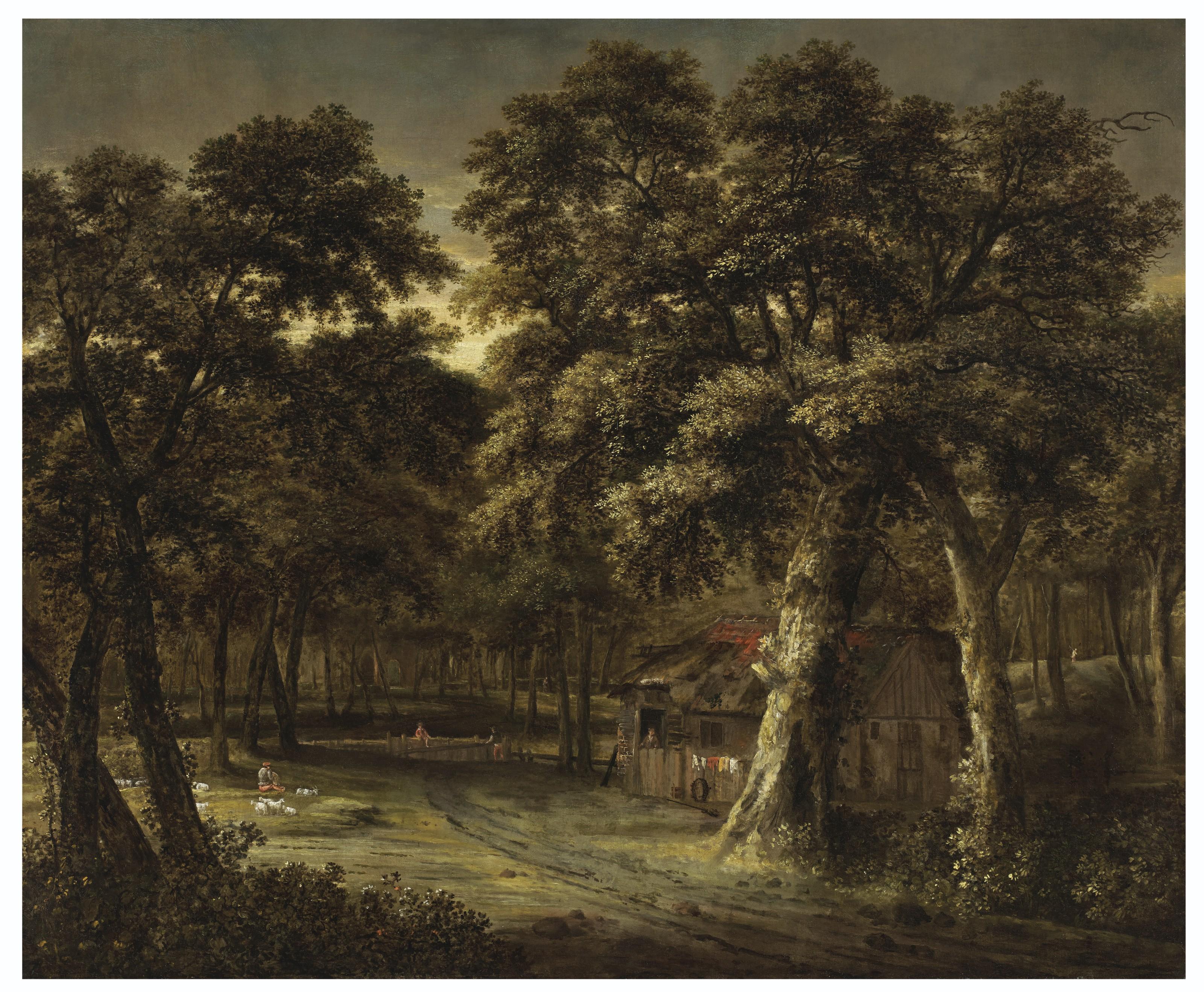 Philips Koninck - A woodland landscape with a cottage and figures