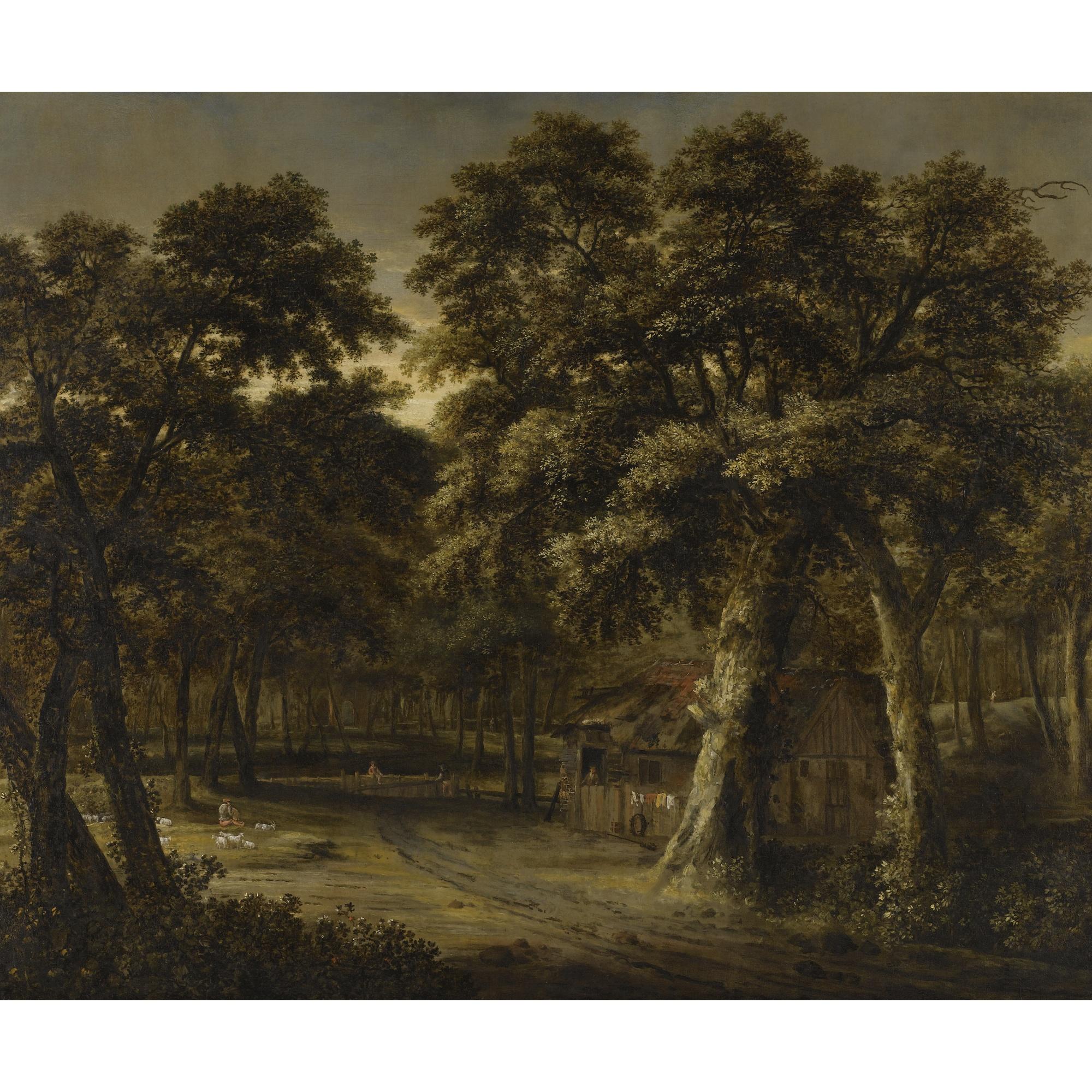 Philips Koninck - A Woodland Scene With A Cottage And Figures