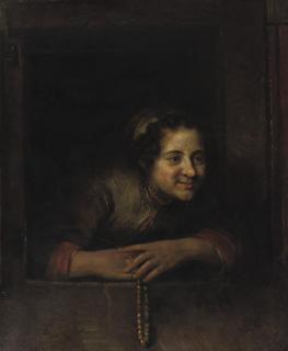 Philips Koninck - A young woman leaning out of a window, holding a pearl necklace