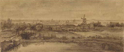 Philips Koninck - An extensive landscape with a lake in the foreground, a mill in the middle distance and a town beyond