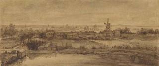 Philips Koninck - An extensive landscape with a lake in the foreground, a mill in the middle distance and a town beyond