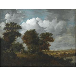 Philips Koninck - An Extensive Landscape With Figures And Sheep On A Path Through Woodland To The Left, And A Distant View Across A River To A Broad Plain To The Right 
