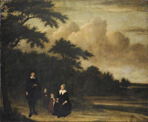 Philips Koninck - Group Portrait Of A Gentleman And A Lady With Their Children In An Extensive Wooded Landscape