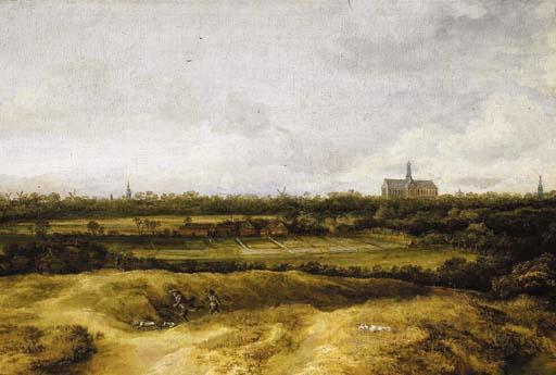 Philips Koninck - The bleaching fields near Haarlem with sportsmen in the foreground, a view of St. Bavo\'s beyond