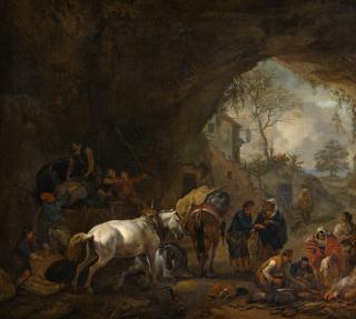 Philips Wouwerman - A Grotto With Travellers Unloading A Wagon, A Gypsy Fortune-Teller, A Blacksmith And Other Figures